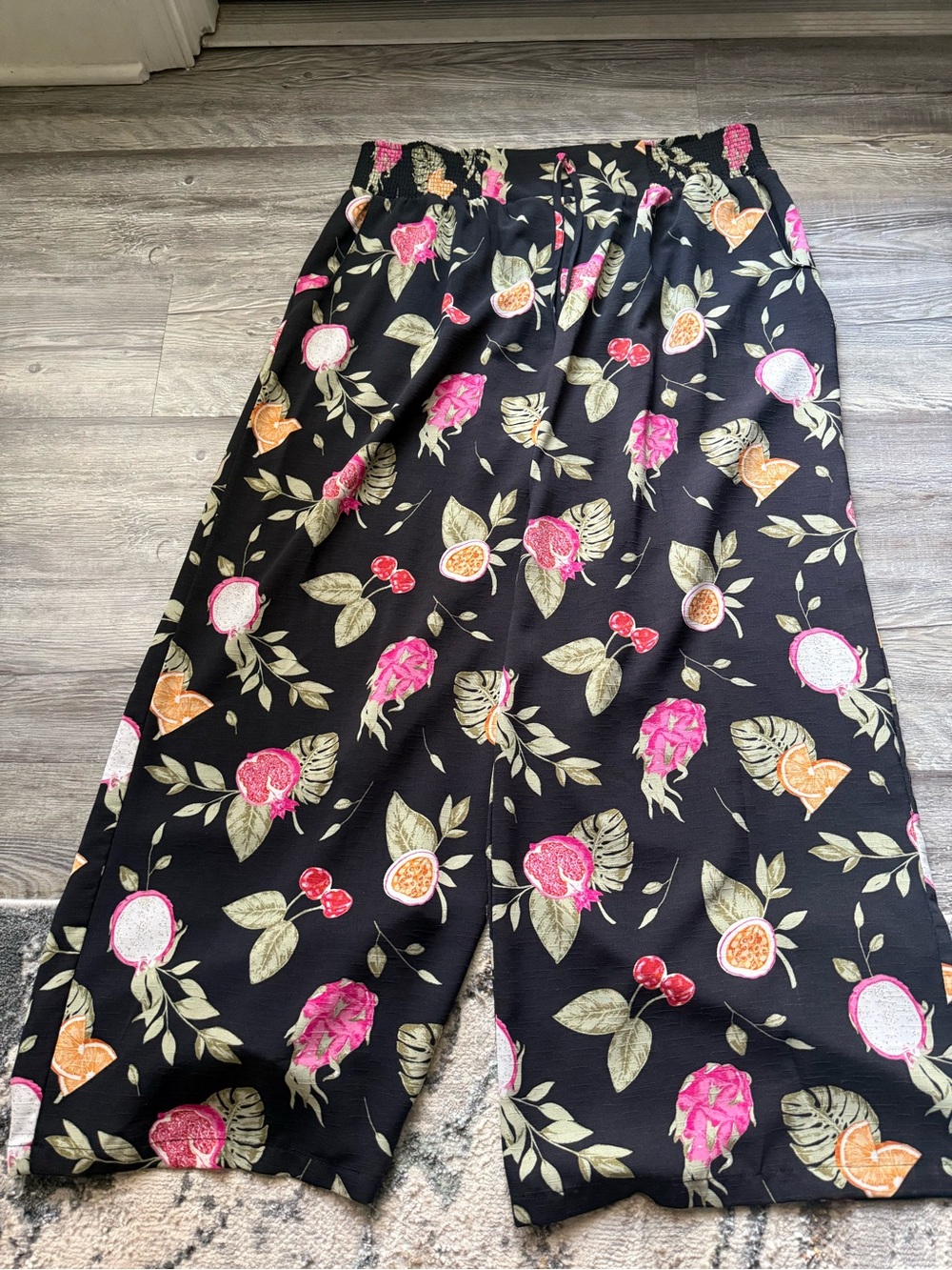 Cato Black Wide-Leg Pants with Pink & Orange Fruit Print